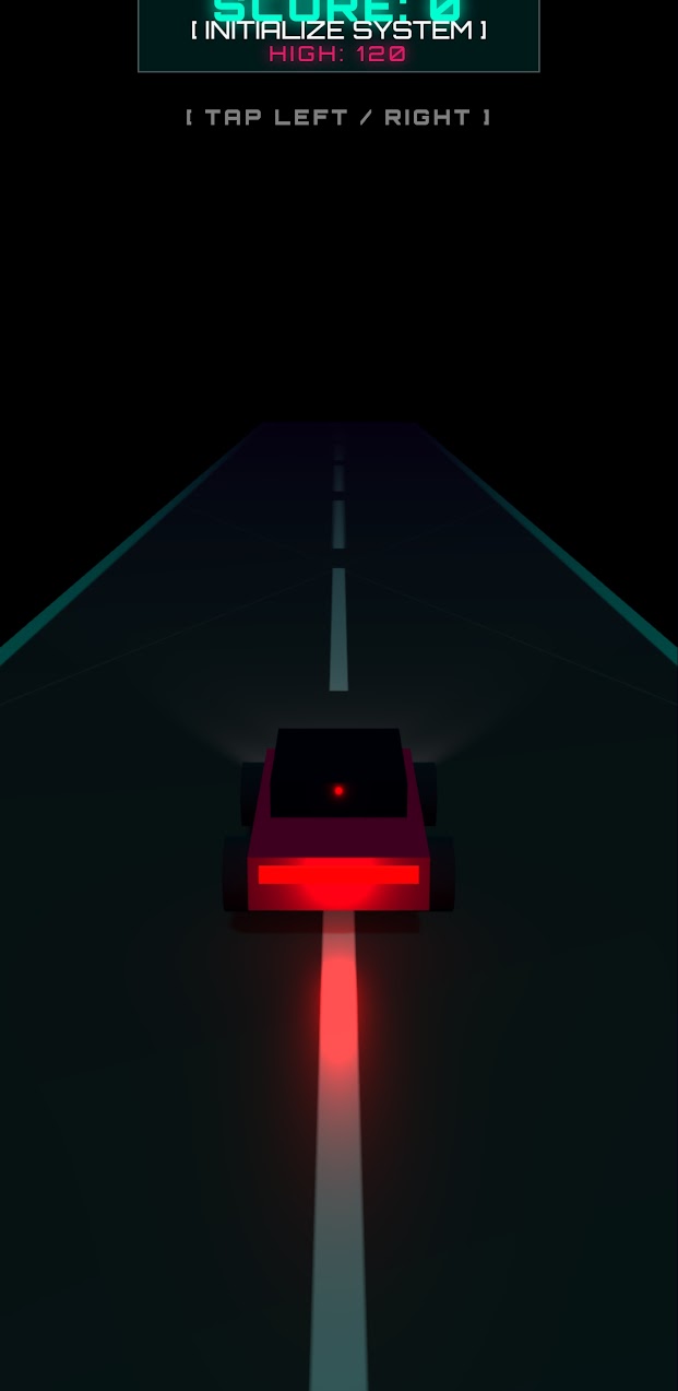 The first Midnight Run build: a dark road, a red car and a score of zero at the top.