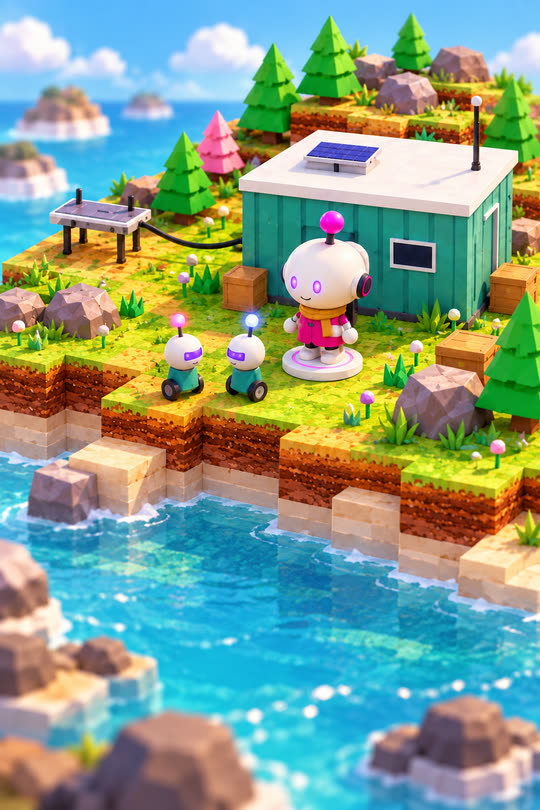 The home island in Alone: the droid, its house and a few helpers among the trees.