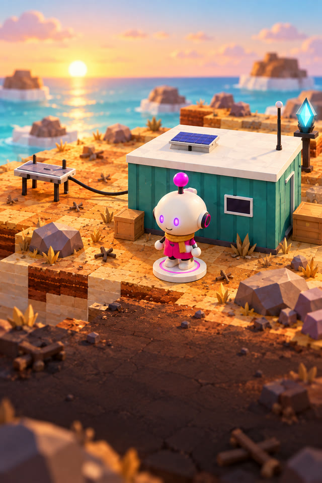 The droid standing by its container house on a dusty island at sunset, the sea behind it.