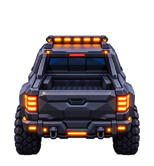 The Titan from Midnight Dash, a black pick-up seen from behind with orange lights.