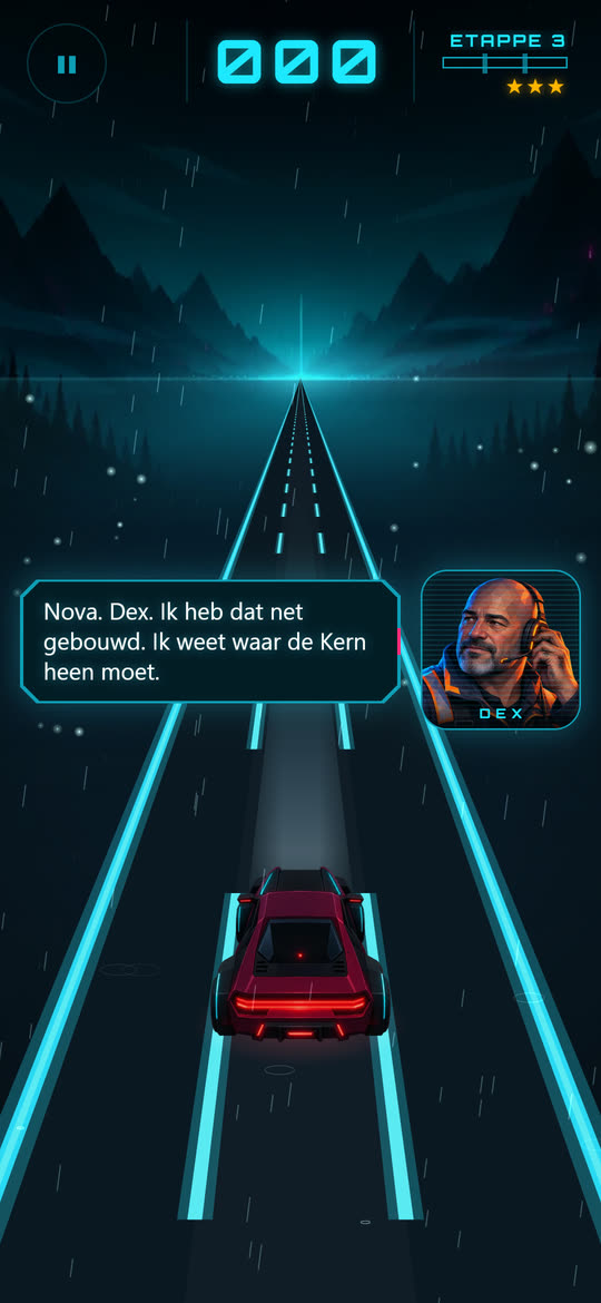 Een story-etappe in Midnight Dash met Dex op de radio naast de weg.
