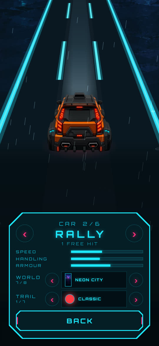 The garage in Midnight Dash: a car with bars for speed, handling and armour, and the world and trail pickers under it.