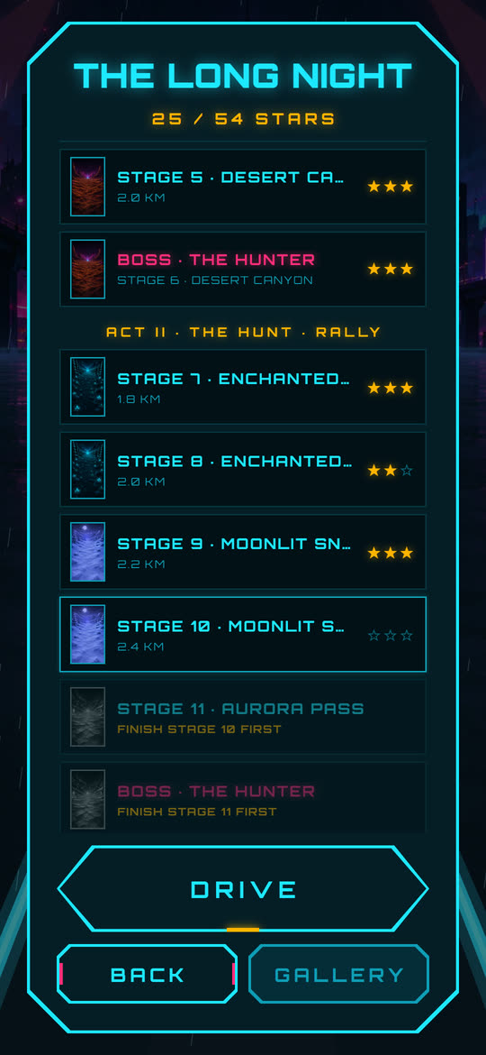 The story map in Midnight Dash: the acts of The Long Night with their stages and the stars earned on each.