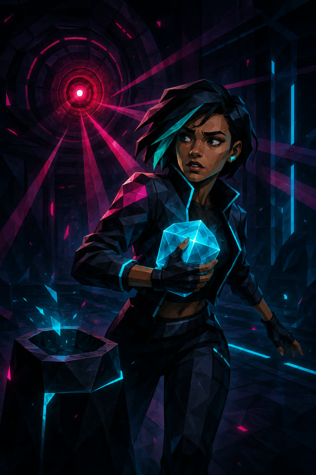 Nova in the rain with the glowing Core in her hand, red searchlights behind her.