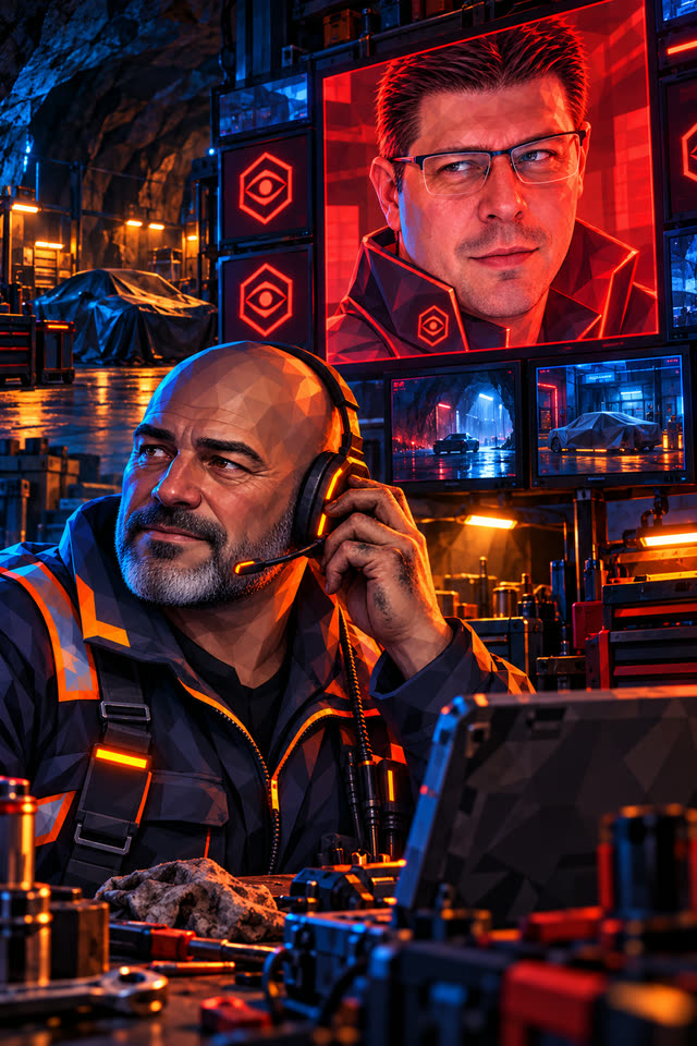 Dex in his hideout with a headset on, lit by his screens, the Warden on the screen behind him.