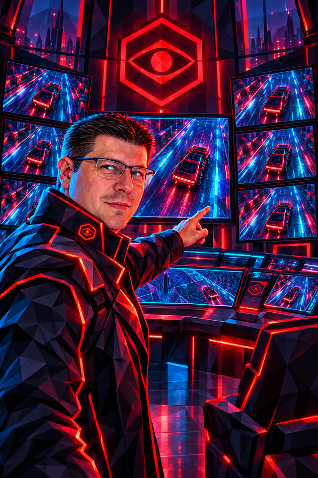 The Warden in his control room, pointing at a wall of screens.