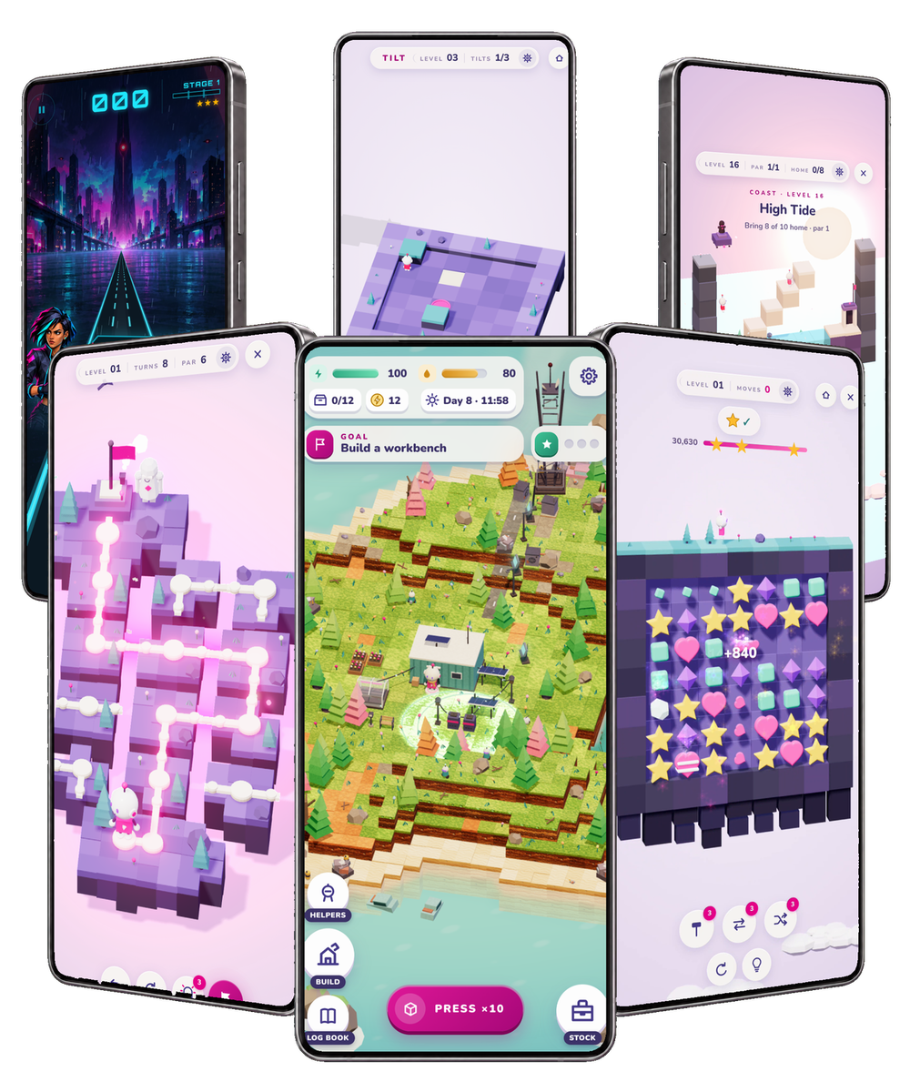 Six Android phones in a fan, one game on each: Midnight Dash, Shift, SWAP, LOOP, Tilt and Alone.