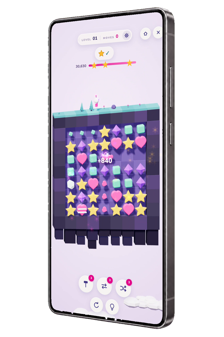 An Android phone showing a SWAP level in the garden: a board of sweets on a violet island.