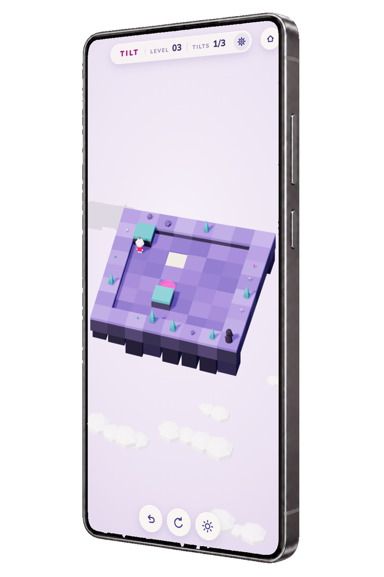An Android phone showing a Tilt level: a violet garden island with robots on it and the pads they have to reach.