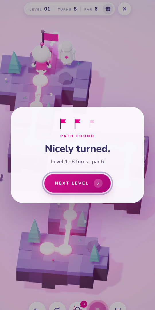 The win card in Shift: path found, eight turns against a par of six.