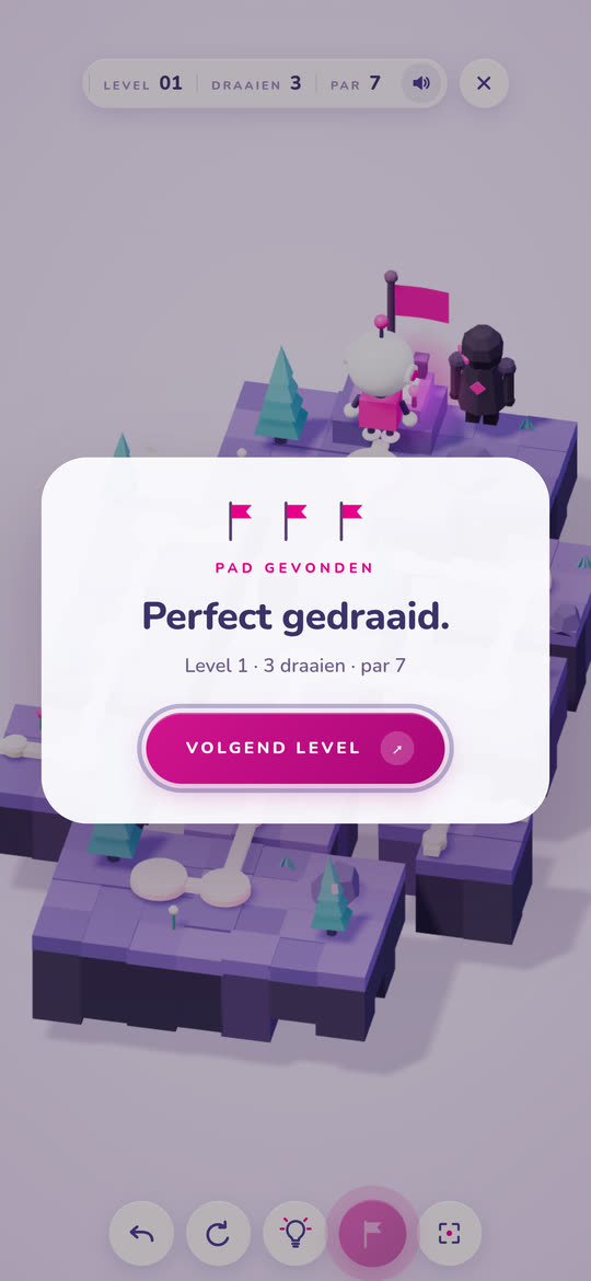 De winkaart in Shift: pad gevonden, drie draaien tegen een par van zeven.