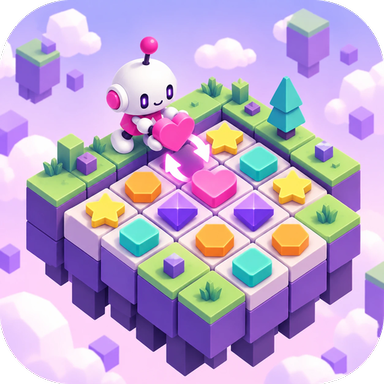 The SWAP app icon: the little robot swapping a pink heart on a board of sweets on a floating island.