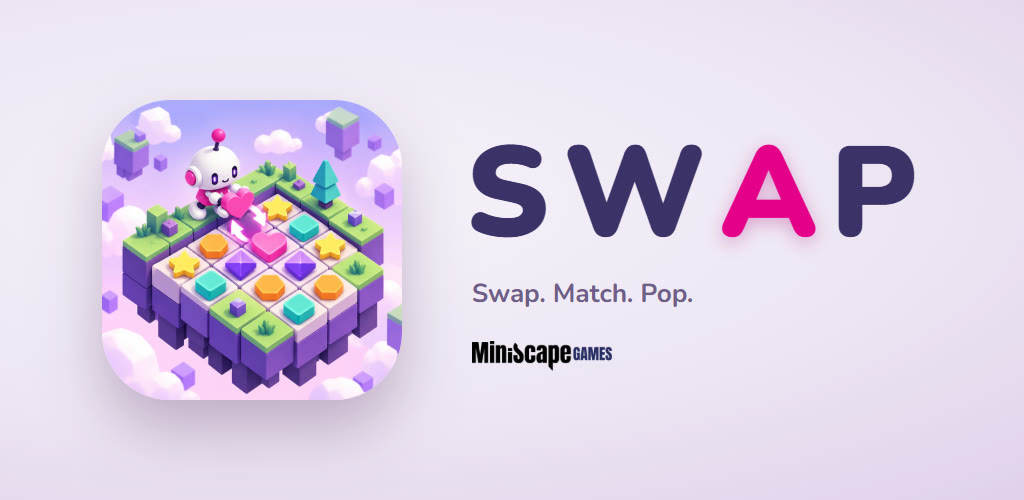 The SWAP banner from Google Play: the app icon — the little robot swapping a pink heart on a board of sweets — beside the SWAP wordmark and the line "Swap. Match. Pop."