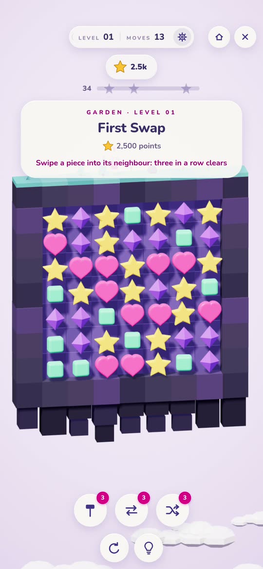 The first level of SWAP: a board of sweets on a garden island, with the goal on the level card.