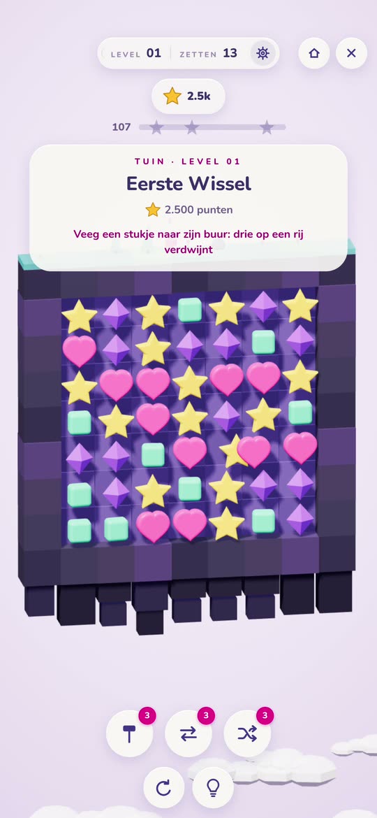 Het eerste level van SWAP: een bord vol snoepjes op een tuineiland, met het doel op de levelkaart.