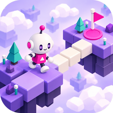 The Tilt app icon: the little robot walking a path of pale stones across violet islands towards a pink pad with a flag.