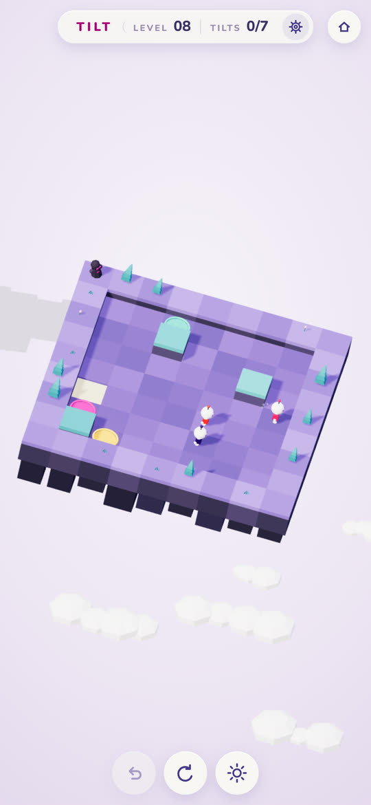 A level in Tilt: robots on a floating island, each with a pad of its own colour.