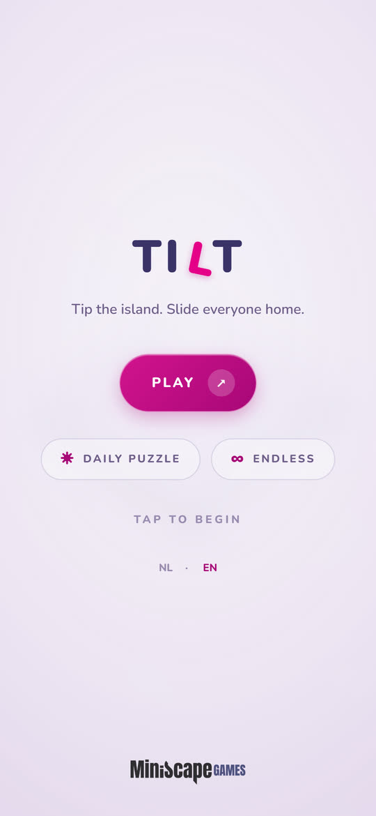 The title screen of Tilt: the wordmark with its leaning L, "Tip the island. Slide everyone home.", a Play button and the daily puzzle and endless modes.
