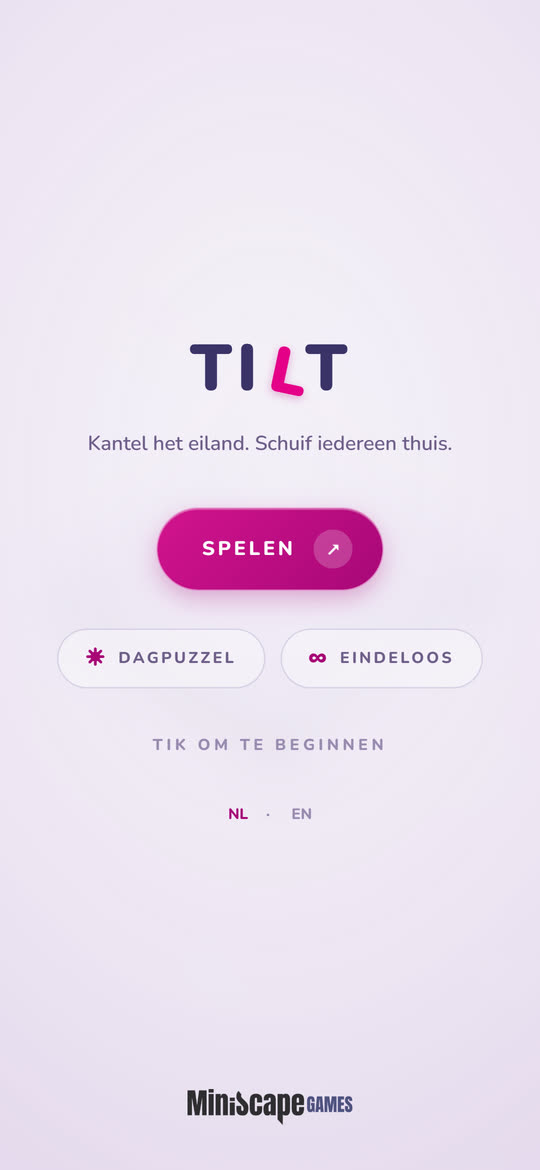 Het titelscherm van Tilt: het woordmerk met de schuine L, "Kantel het eiland. Schuif iedereen thuis.", een Spelen-knop en de dagpuzzel en eindeloze modus.